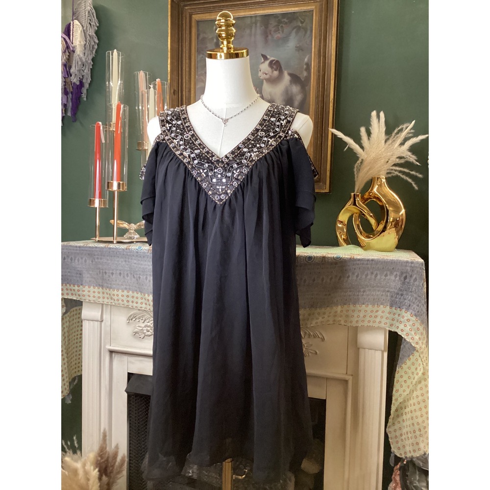 Black Label Beaded Cold Shoulder Shift Dress Black Silver Sequin Small PDT40539